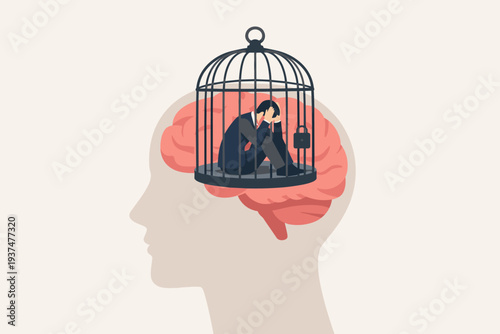 Depressed Businessman Trapped in a Birdcage Inside a Human Brain, Concept of Mental Health Issues, Anxiety, Stress, Burnout, Fixed Mindset, Psychological Confinement and Internal Struggle