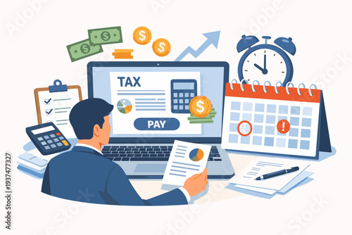 Businessman paying taxes online on laptop, financial accounting and tax calculation concept with calendar deadline, alarm clock, money, and documents for income tax return and revenue filing.