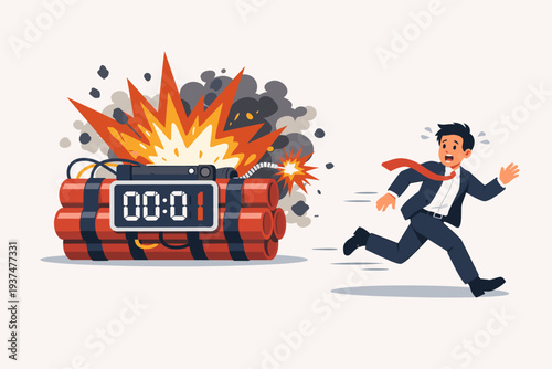 Businessman in a suit running away from a ticking time bomb with a digital countdown timer showing one second left, representing project deadlines, extreme stress, and business pressure.