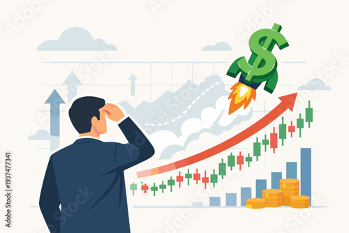Businessman watching US dollar sign rocket soaring high above rising stock market candlestick charts and growth arrows, representing interest rate hikes, currency value increase, and economic profit.