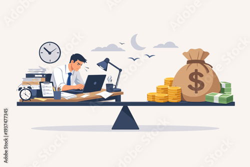 Businessman working late at night on a laptop balanced against a large bag of money and gold coins on a seesaw, concept of earning high salary, incentive, overtime, career and work-life balance.