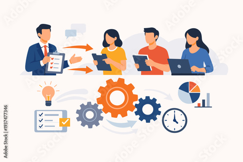 Business manager delegating tasks to team members for efficient project management. Flat vector illustration of teamwork, collaboration, responsibility assignment, productivity, and workflow.
