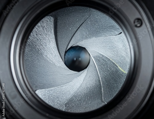 Close-up view of a camera lens aperture blades, showcasing the intricate mechanical design and light control mechanism.