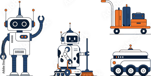 Modern vector illustration set featuring helpful service robots, automated cleaning machines, smart delivery droids, and airport luggage trolley for future hospitality and technology concepts.