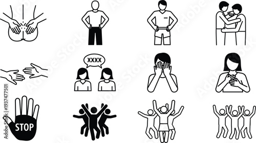Minimalist black and white vector line icon set featuring human body gestures, social interaction symbols, group activities, stop hand signals, and physical communication.