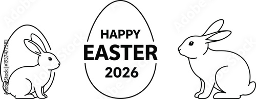 Two outline bunnies flank a "Happy Easter 2026" egg graphic.
