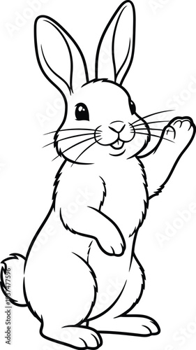 Rabbit drawing stands upright waving one paw hello cheerfully.