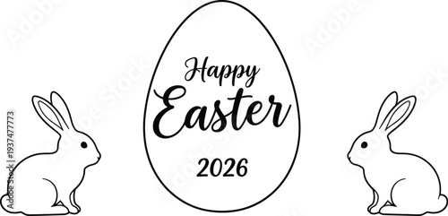 Easter egg and two bunny rabbits feature a 'Happy Easter 2026'.