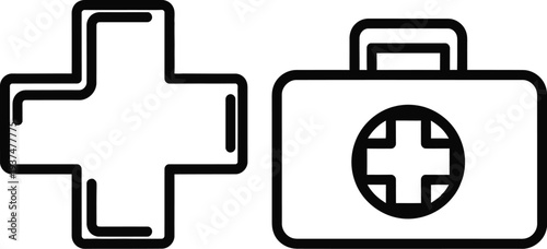 First aid kit outline icon and medical cross symbol are shown.
