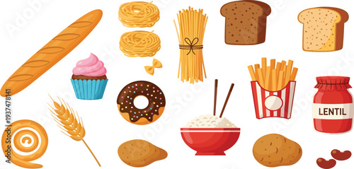 Carbohydrate Rich Foods Vector Illustration Set with Bread Pasta Rice Potato Lentils Bakery and Fast Food Icons Collection