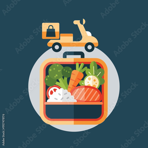 Bento box filled with vegetables and fish, with a delivery scooter on top.