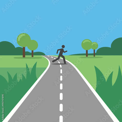 A person running on a winding road through a green landscape with trees.