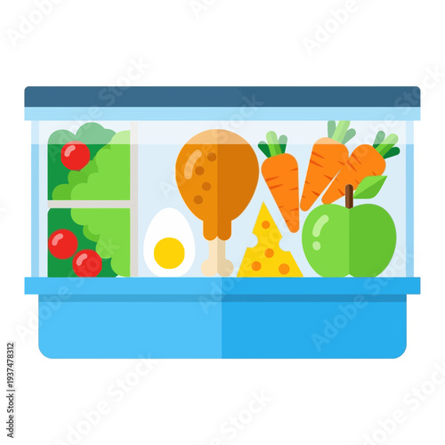 Illustration of a refrigerator with vegetables, eggs, cheese, and a drumstick inside.