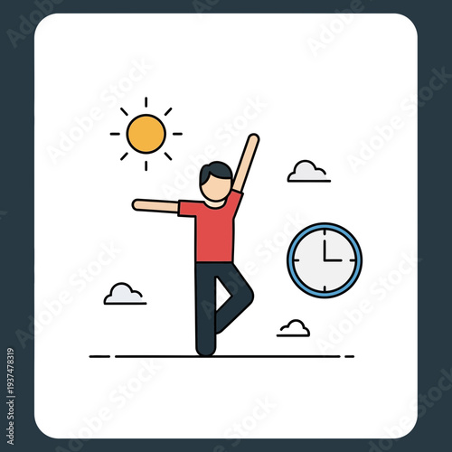 Person performing yoga pose outdoors with sun, clouds, and clock in background.