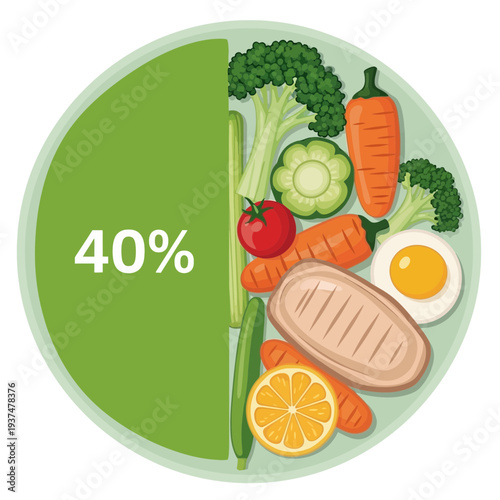 Illustration of various vegetables, a boiled egg, and a lemon slice on a plate.