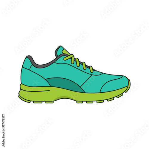 Digital illustration of a teal and green running shoe with black accents.