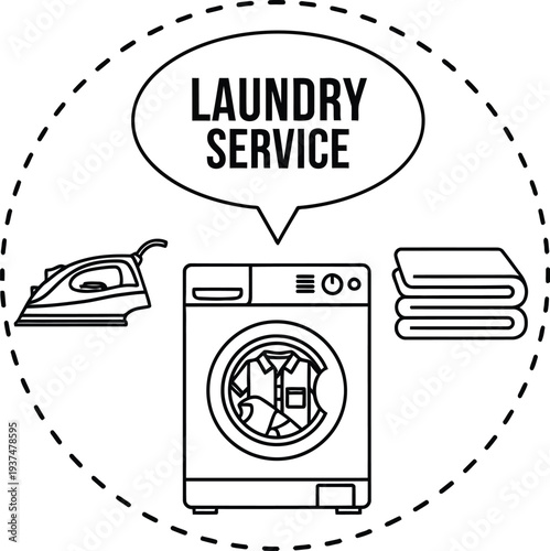 Laundry service illustration shows washing machine, iron, and folded.