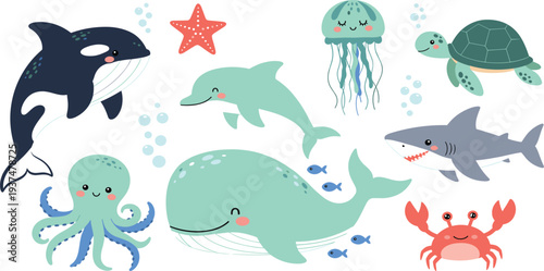 Cute ocean animals cartoon collection with whale dolphin shark turtle octopus jellyfish crab and starfish vector illustration set