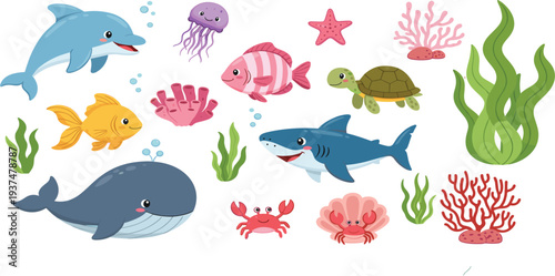 Cute ocean animals cartoon vector set with dolphin whale shark turtle fish crab jellyfish and coral reef elements