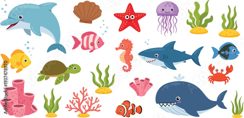 Ocean animals vector set with whale shark turtle crab starfish coral reef and tCute underwater sea animals cartoon collection with dolphin shark whale turtle fish coral 