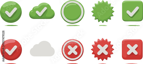 Collection of glossy 3D checkmark and cross mark icons in green and red colors for UI design, web validation, correct or incorrect feedback, and status indicators.