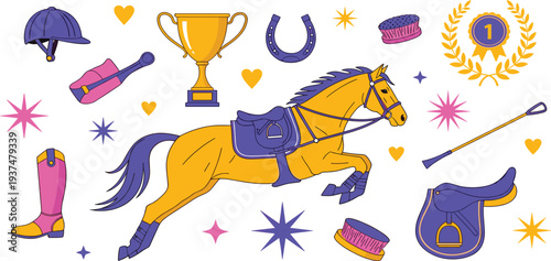 Equestrian Horse Riding Equipment Vector Set with Saddle Trophy Helmet Boots and Jumping Horse