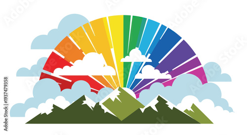 Vibrant Rainbow Arching Over Snowy Mountain Peaks with Clouds