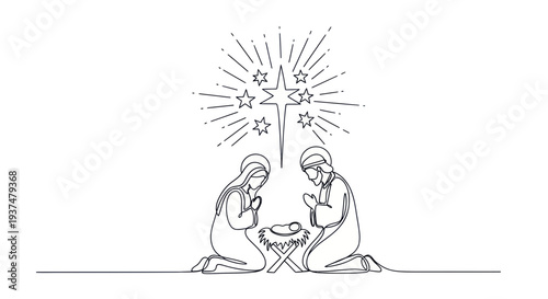 Christmas Nativity Scene Line Art: Mary, Joseph, Baby Jesus, and Star