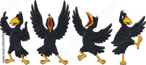 Funny cartoon crow character set with expressive poses singing dancing thumbs up and celebrating vector mascot illustration