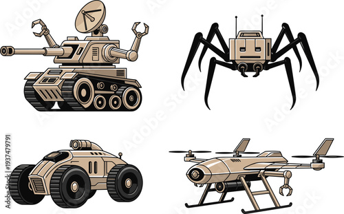 Tactical military robot vector set featuring unmanned ground vehicles, spider droids, autonomous combat tanks, and surveillance drones for futuristic defense and security concepts.