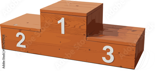 Realistic 3D vector illustration of a three tiered wooden sports podium with white numbers for first second and third place winners isolated on background.