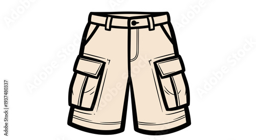 Illustration of beige cargo shorts with pockets.