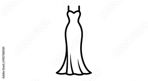 Simple Black Line Drawing of Evening Gown.