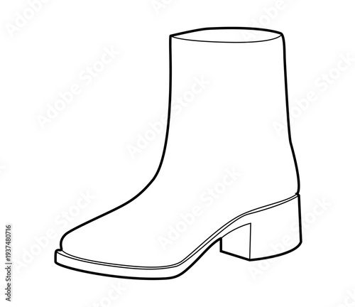 Block heel ankle boot women single line. Clean shaft boot for office commute and weekend walk. Technical fashion illustration CAD mockup clean vector man unisex isolated modern style.