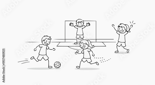 A black and white vector illustration of children playing soccer together