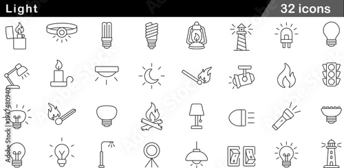 Light Thin Line Icons Set Illumination Symbols, Modern LED Bulbs, Lighting Fixtures, Portable Lamps and Energy Efficient Lighting Icons for Home and Industry