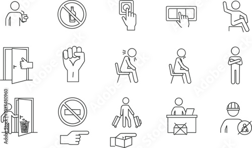 Minimalist line art vector icon set featuring human figures performing various actions, public safety signs, workplace instructions, and universal symbols for commercial design.