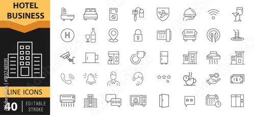 Hotel Business Outline Icon Set – Hospitality Services, Hotel Building, Reception, Room Service Editable Stroke Vector EPS