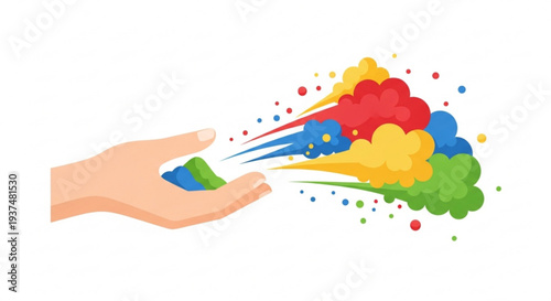 Hand releasing colorful creative energy explosion symbolizing inspiration and innovation in a vibrant illustration