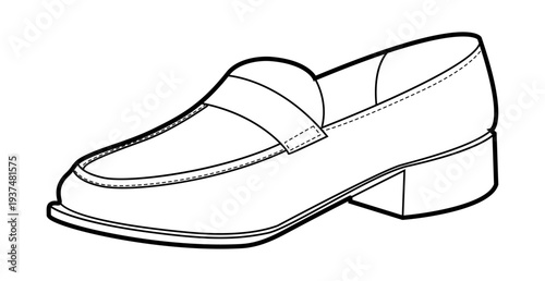 Tassel loafer shoe women single line. Raised vamp casual dress footwear for relaxed workday street look. Technical fashion illustration CAD mockup clean vector man unisex isolated modern style.