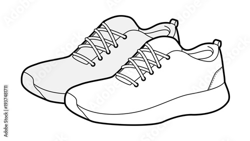 Bold running shoe sketch pair. Modern sport footwear for fitness, running, active city movement. Technical fashion illustration, CAD mockup, detailed vector woman men unisex isolated energetic style.