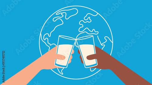Diverse Hands Clinking Milk Glasses Earth Flat Illustration