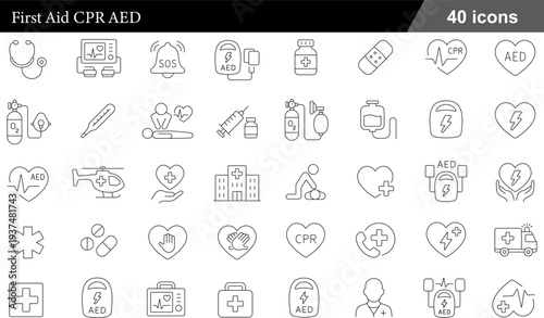 First Aid CPR AED Thin Line Icons Set Life Saving Medical Procedures, Emergency Equipment, Defibrillation Symbols and Critical Care Icons for Healthcare
