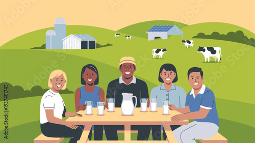 Diverse people farm picnic milk