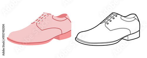 Dress derby mens pink flat plus line set. Classic lace up suit footwear oxford derby hybrid style. Technical fashion illustration CAD mockup sketch vector women unisex isolated.