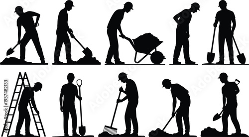 Construction workers silhouette set, builders digging and carrying wheelbarrow, manual labor, industrial construction workers collection