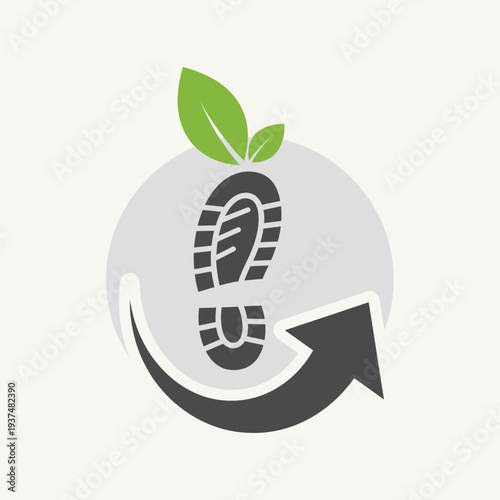 Eco-friendly shoe print with green leaves emerging from the top.