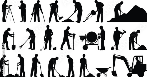 Construction workers silhouette collection, builders with tools, digging, cement mixer, wheelbarrow, industrial construction labor workers set
