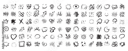 Set bundle Line cartoon comic expression icons. Doodle movement marks bubbles, boom spark shapes, arrows, hearts sweat drops shock bursts. Vector crayon style for anime emotion stickers graphic design