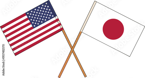 Crossed national flags of the United States of America and Japan on wooden poles representing international relations cooperation and diplomatic partnership between two countries.
